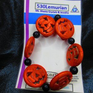 Orange Howlite Jack O Lantern Pumpkins With Blue Goldstone 7" Stretchy Bracelet